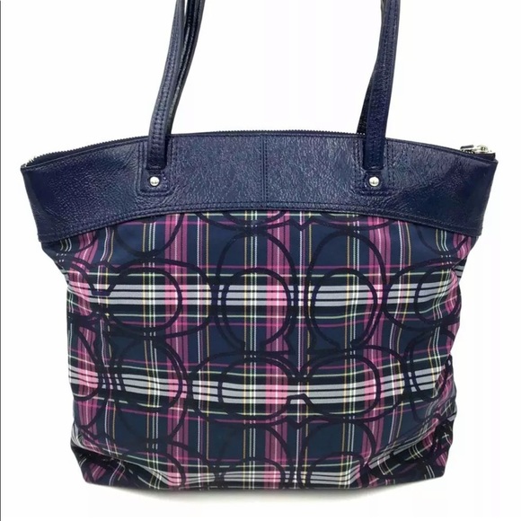 Coach Laura Signature Blue Plaid Multicolor Tartan Canvas Leather Tote Bag - Picture 8 of 12
